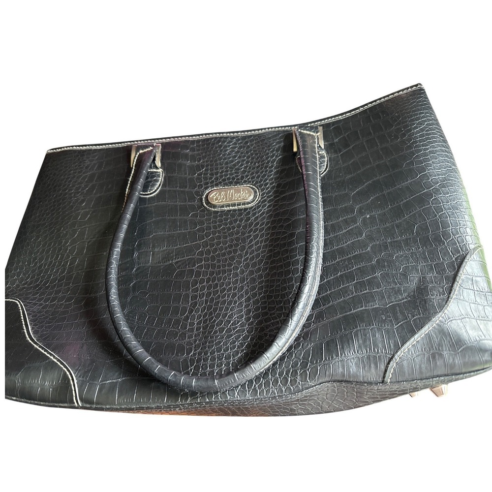 Bob Mackie Black‎ Croc Tote Bag Faux Leather Handbag Silver Logo Contrast